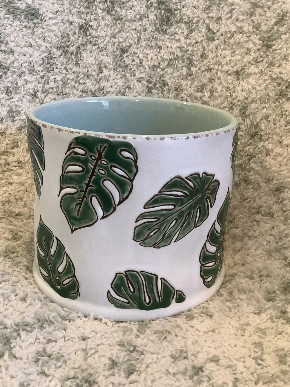 White Tropical Ceramic Mug with Green Monstera Leaf  RS 16oz.
